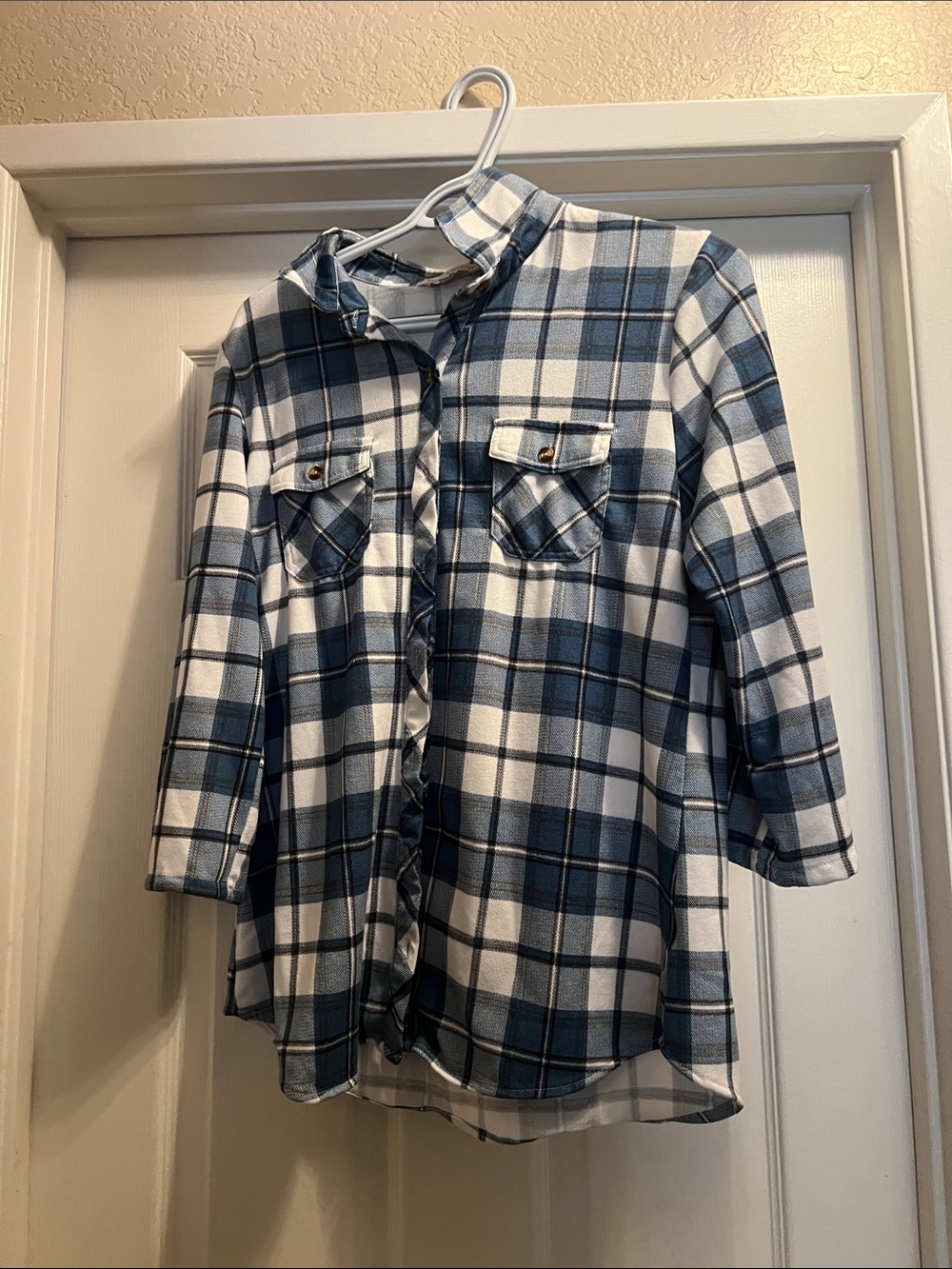 Blue and White Plaid Button-Up Shirt